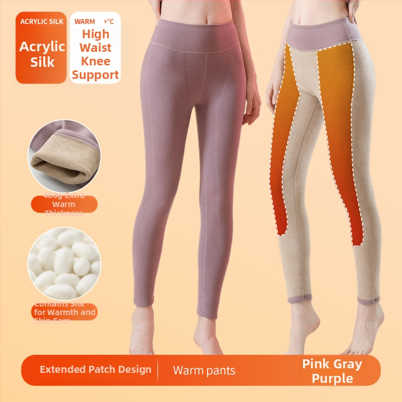 Moterų aukšto juosmens šiluminės kelnaitės su savireguliuojančiais pleistrais keliams ir pilvo apsaugai, be siūlių, iš akrilinių pluoštų