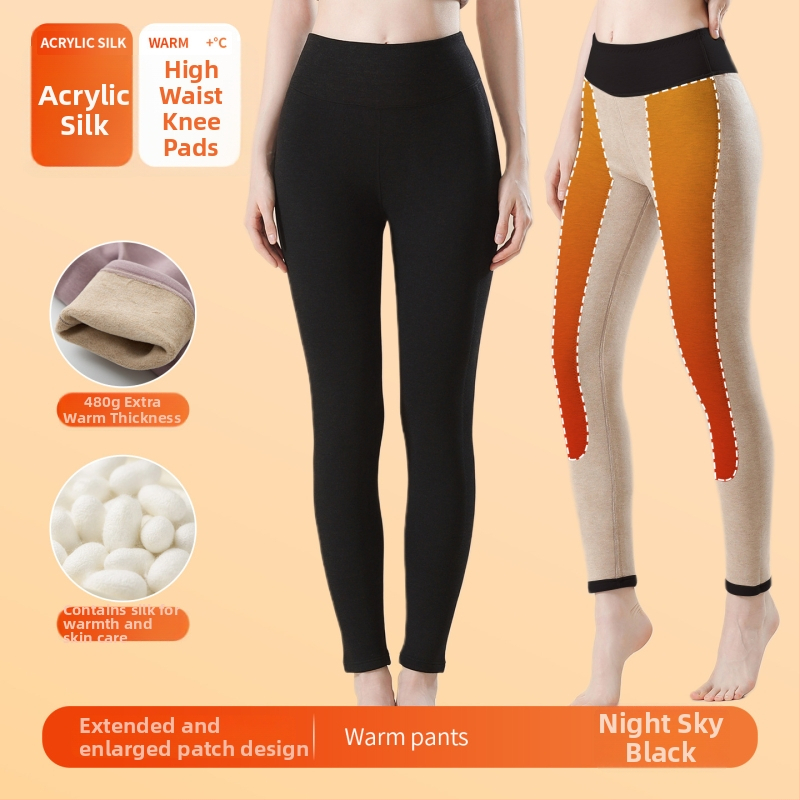 Moterų aukšto juosmens šiluminės kelnaitės su savireguliuojančiais pleistrais keliams ir pilvo apsaugai, be siūlių, iš akrilinių pluoštų