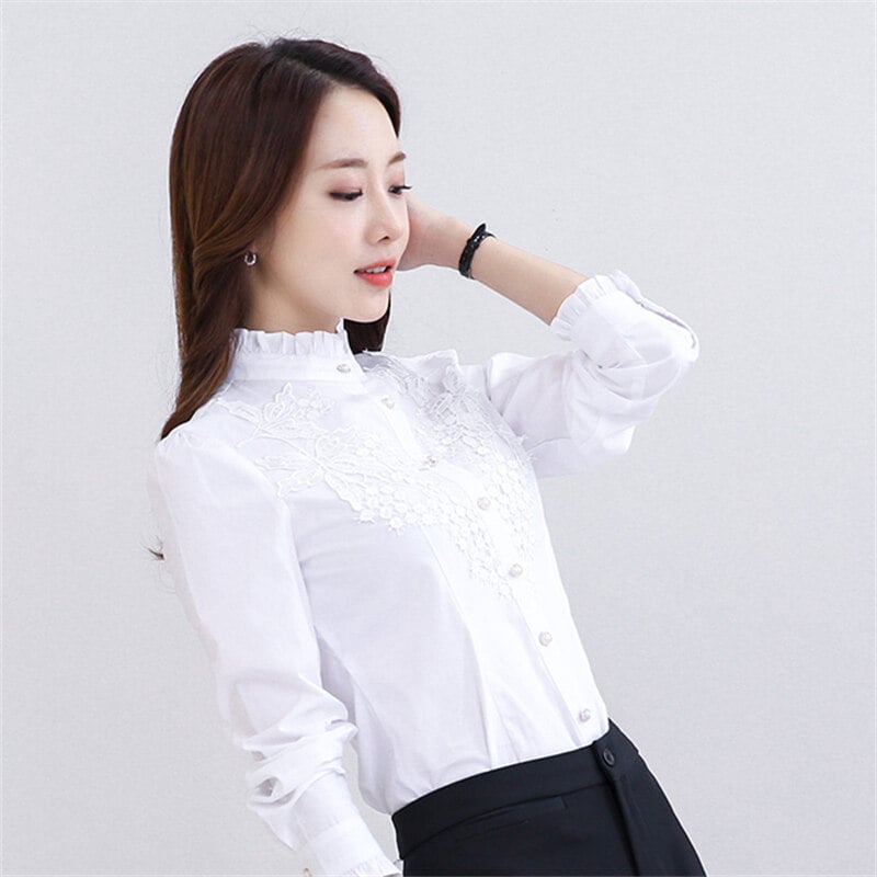 Moteriški medvilniniai marškiniai su stoviu kaklu, ilgomis rankovėmis, siauras kirpimas, pavasaris 2023