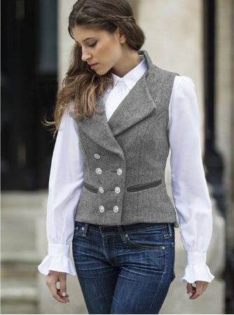 Moteriška dvigubo užsegimo liemenė, retro herringbone raštas, siauras kirpimas, trumpas ilgis, apykaklė tipo švarko, poliesteris