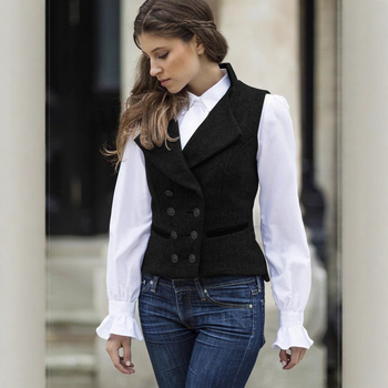 Moteriška dvigubo užsegimo liemenė, retro herringbone raštas, siauras kirpimas, trumpas ilgis, apykaklė tipo švarko, poliesteris