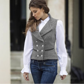 Moteriška dvigubo užsegimo liemenė, retro herringbone raštas, siauras kirpimas, trumpas ilgis, apykaklė tipo švarko, poliesteris