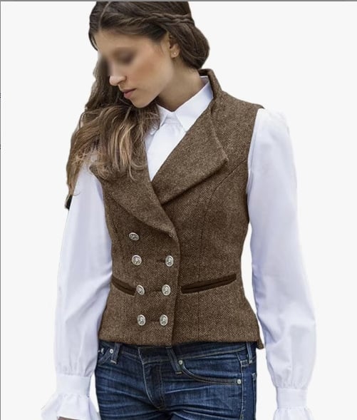 Moteriška dvigubo užsegimo liemenė, retro herringbone raštas, siauras kirpimas, trumpas ilgis, apykaklė tipo švarko, poliesteris