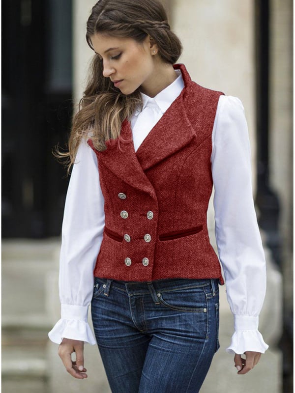 Moteriška dvigubo užsegimo liemenė, retro herringbone raštas, siauras kirpimas, trumpas ilgis, apykaklė tipo švarko, poliesteris