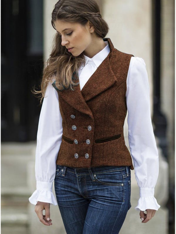 Moteriška dvigubo užsegimo liemenė, retro herringbone raštas, siauras kirpimas, trumpas ilgis, apykaklė tipo švarko, poliesteris