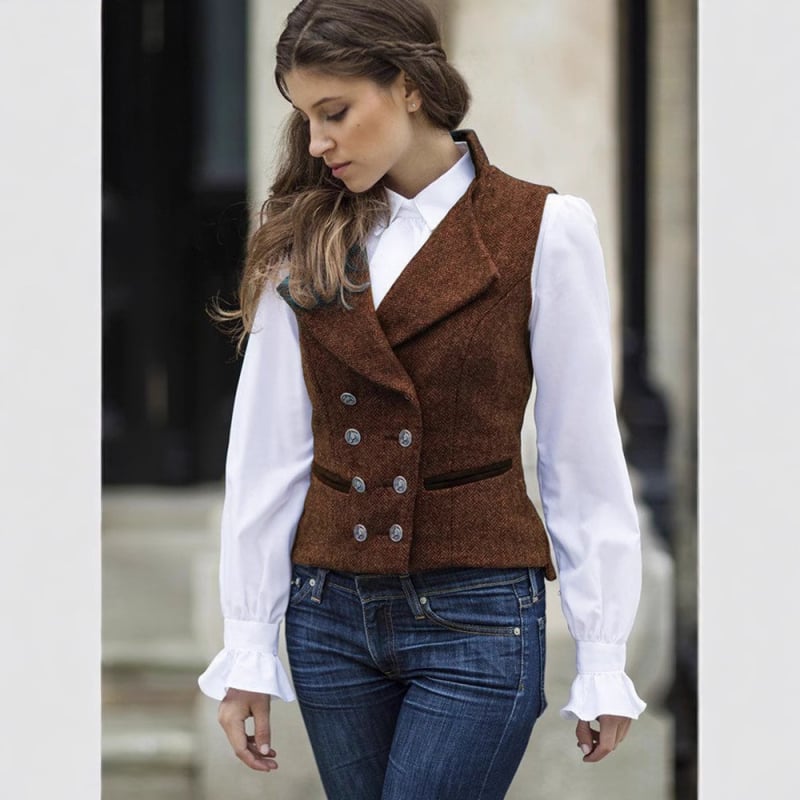 Moteriška dvigubo užsegimo liemenė, retro herringbone raštas, siauras kirpimas, trumpas ilgis, apykaklė tipo švarko, poliesteris