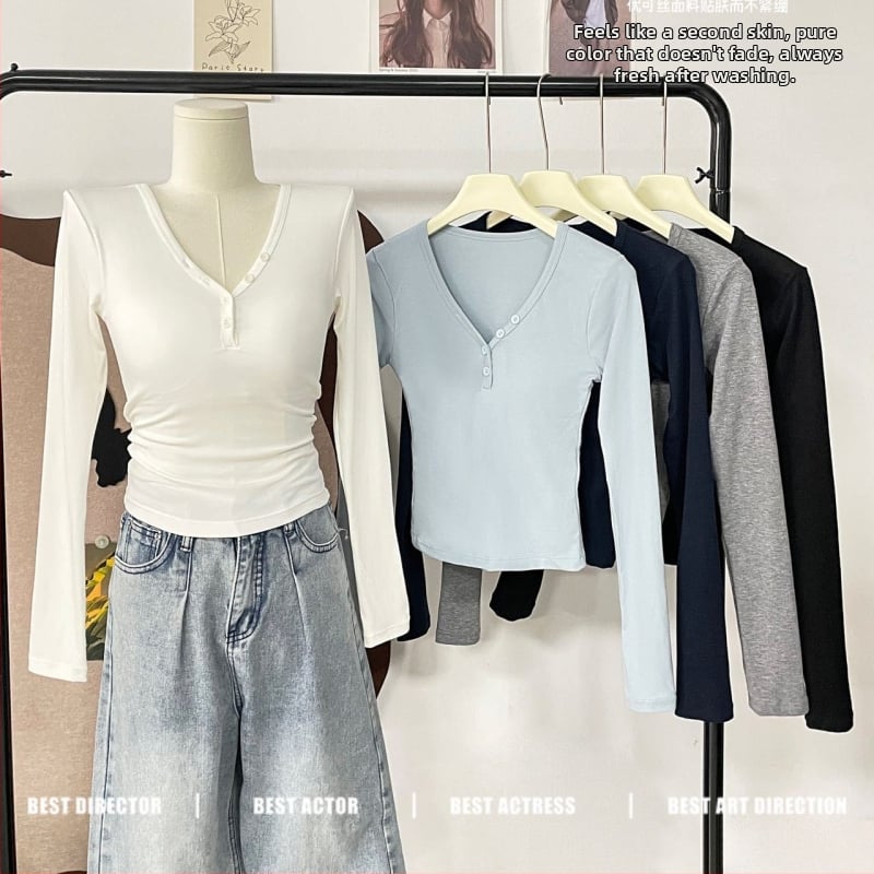 Női Henley nyakú termikus felső integrált melltartó‑támaszokkal, vastag viszkóz anyagból, hosszú ujjú, külső viseletre alkalmas