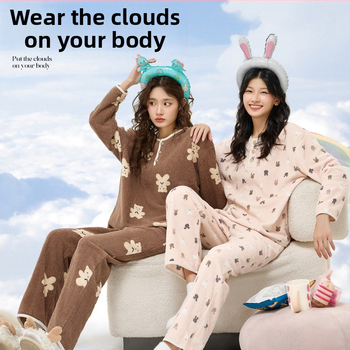 Ženski Yunshu Velvet set pidžama – topla, korejski stil, nježan prema koži, dugi rukav, okrugli izrez, srednja gustoća (201–250 g/m²)