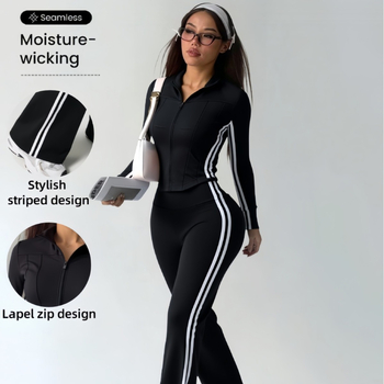 Женски комплект за йога: яке с клеш панталони, дълъг ръкав, цип, райета, дължина 9/10, полиестер-еластан (89,5%/10,5%)