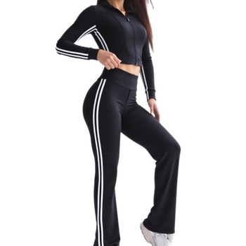 Женски комплект за йога: яке с клеш панталони, дълъг ръкав, цип, райета, дължина 9/10, полиестер-еластан (89,5%/10,5%)