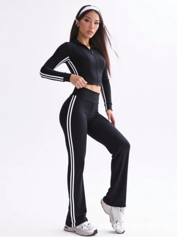Женски комплект за йога: яке с клеш панталони, дълъг ръкав, цип, райета, дължина 9/10, полиестер-еластан (89,5%/10,5%)
