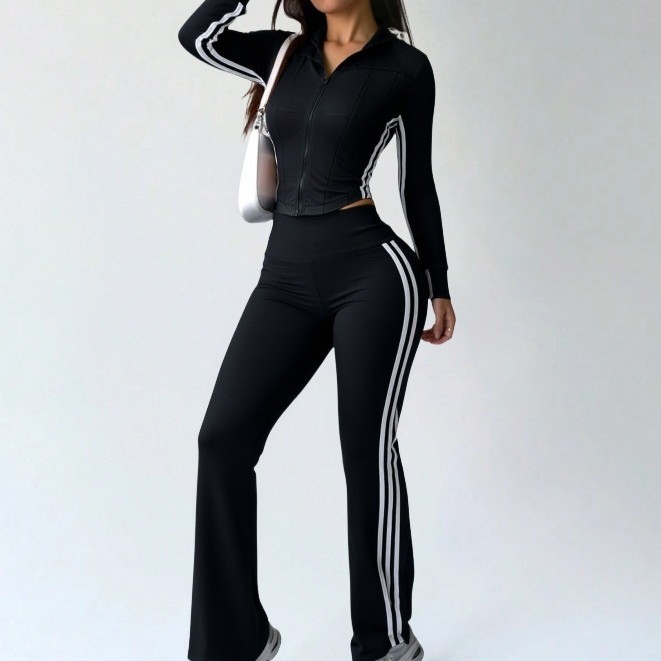 Женски комплект за йога: яке с клеш панталони, дълъг ръкав, цип, райета, дължина 9/10, полиестер-еластан (89,5%/10,5%)