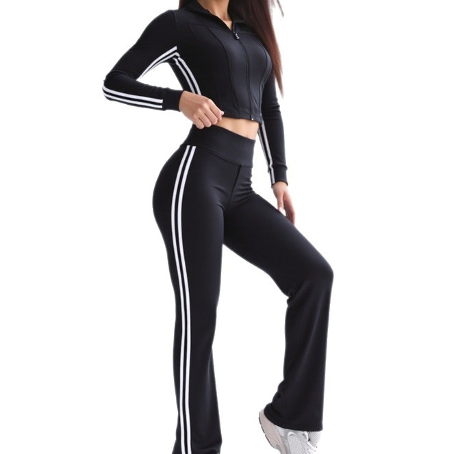Женски комплект за йога: яке с клеш панталони, дълъг ръкав, цип, райета, дължина 9/10, полиестер-еластан (89,5%/10,5%)