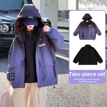 Mergaitėms 3-in-1 striukė rudens–žiemos 2024, raidžių raštas, poliesterio pamušalas, ilgos rankovės, vidutinio ilgio