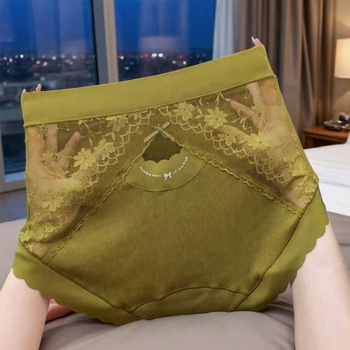 Moteriški medvilniniai kelnaitės su nėrinių įdėklu ir išpjovos dizainu, vidutinė juosmens linija, kvėpuojančios ir antibakterinės