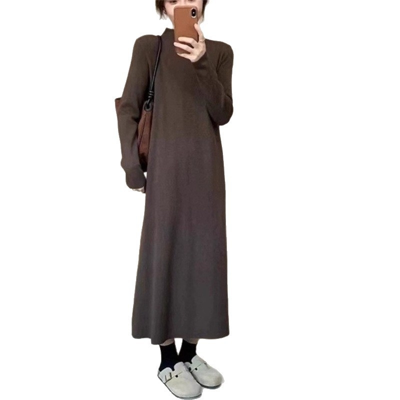 Πλεκτό φόρεμα με ημιυψηλό γιακά και κουκούλα, ζεστό και άνετο, μακρύ, φαρδιά γραμμή