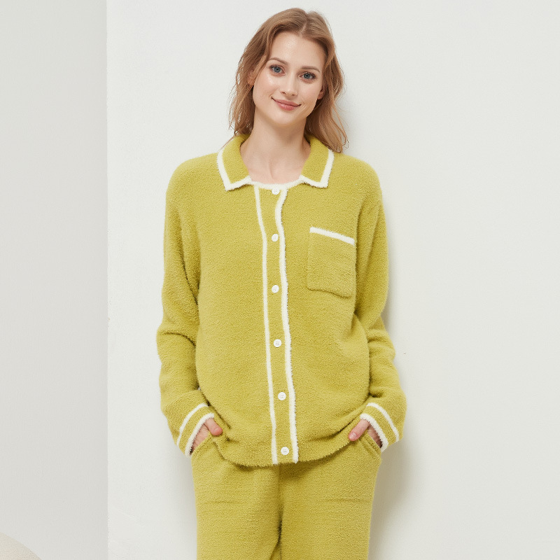 Ženski zimski set pidžama – japanski stil, ovratnik s reverom, dugi rukavi, tkanina feather yarn, smjesa poliestera 30–50%