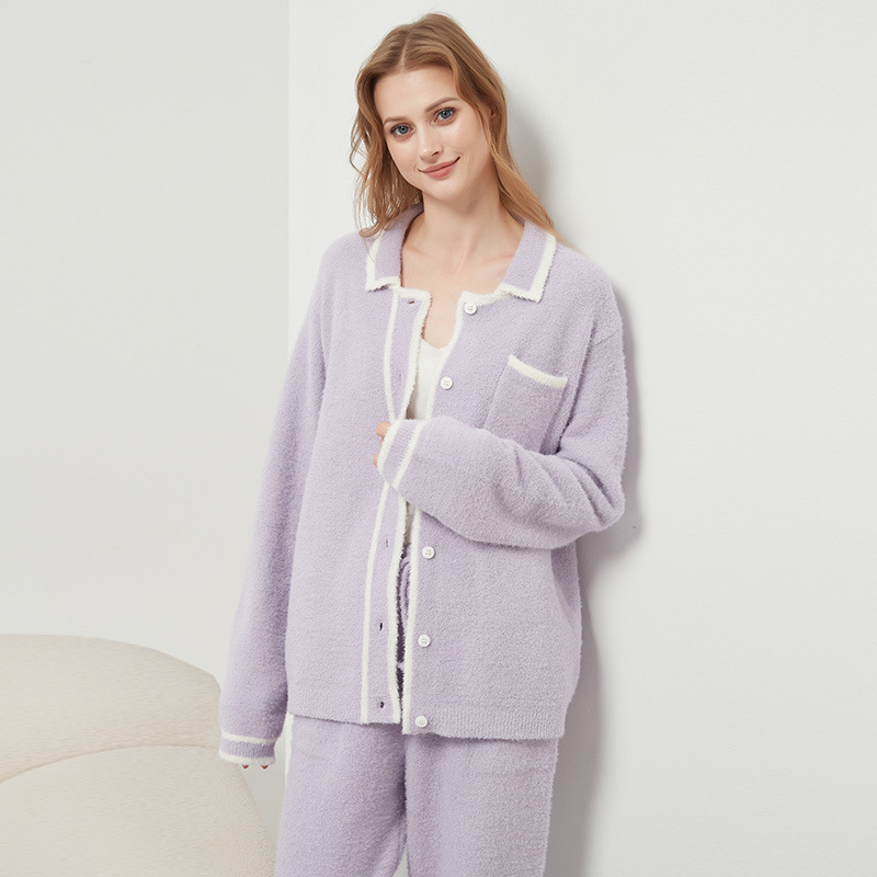 Ženski zimski set pidžama – japanski stil, ovratnik s reverom, dugi rukavi, tkanina feather yarn, smjesa poliestera 30–50%