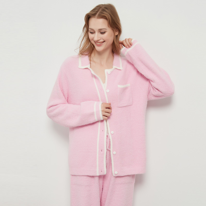 Ženski zimski set pidžama – japanski stil, ovratnik s reverom, dugi rukavi, tkanina feather yarn, smjesa poliestera 30–50%