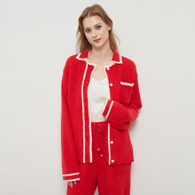 Ženski zimski set pidžama – japanski stil, ovratnik s reverom, dugi rukavi, tkanina feather yarn, smjesa poliestera 30–50%