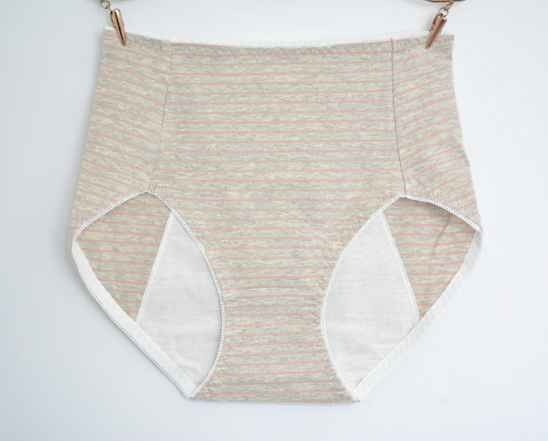 Medvilninės dryžuotos moterų menstruacijų kelnaitės, aukštos juosmens, išplėsta priekinė apsauga nuo pratekėjimo, greitai džiūsta