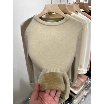 Ženski pleteni džemper od poliestera s flisom, debeo i topao, pulover s okruglim izrezom, dugi rukavi, duljina 50-65 cm