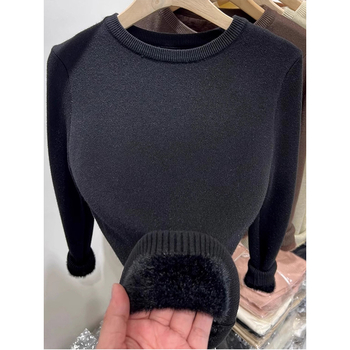 Ženski pleteni džemper od poliestera s flisom, debeo i topao, pulover s okruglim izrezom, dugi rukavi, duljina 50-65 cm