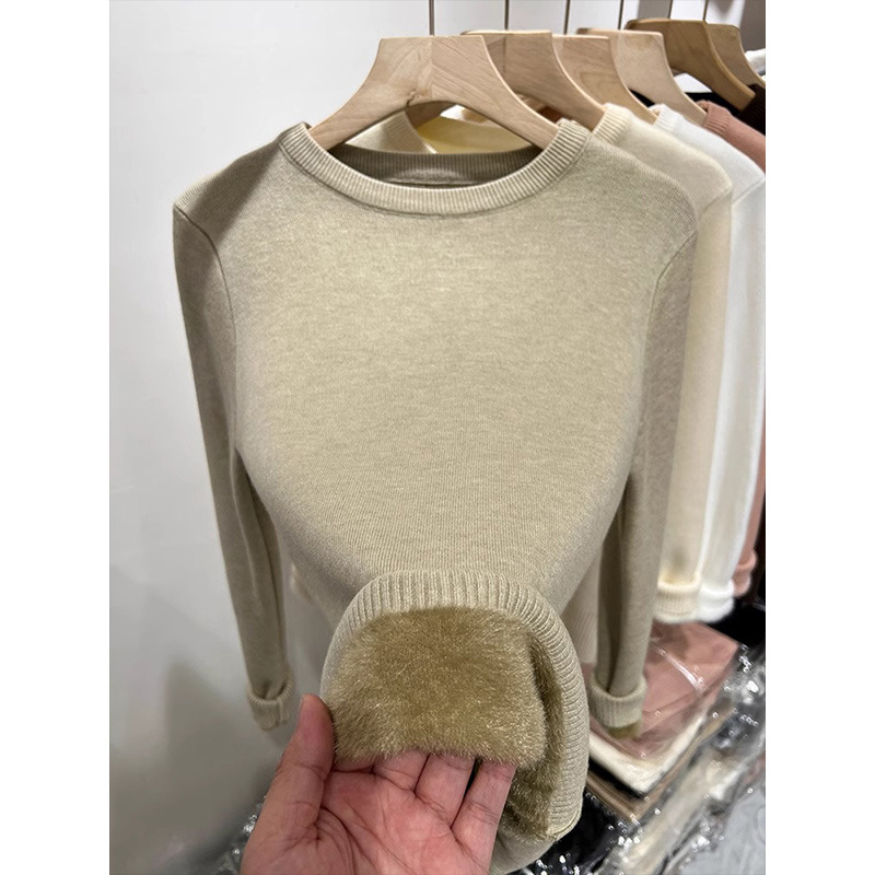 Ženski pleteni džemper od poliestera s flisom, debeo i topao, pulover s okruglim izrezom, dugi rukavi, duljina 50-65 cm