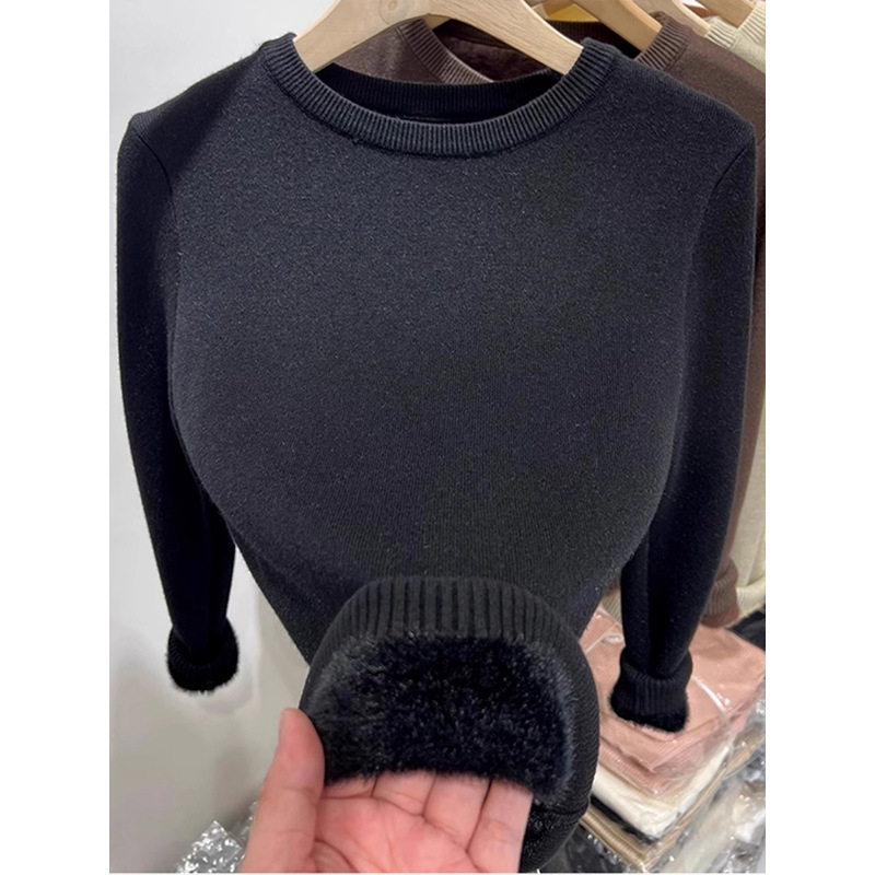 Ženski pleteni džemper od poliestera s flisom, debeo i topao, pulover s okruglim izrezom, dugi rukavi, duljina 50-65 cm