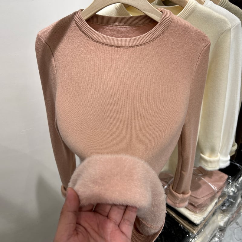 Ženski pleteni džemper od poliestera s flisom, debeo i topao, pulover s okruglim izrezom, dugi rukavi, duljina 50-65 cm