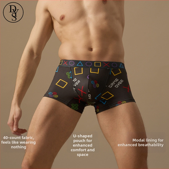 Férfi lélegző, nyomtatott boxer, középmagas derekú; fő anyag poliészter 95–100%; ágyéki bélés modal 95–100%; szövés kötött 31–40D; minták: figura, geometória, koponya, graffiti