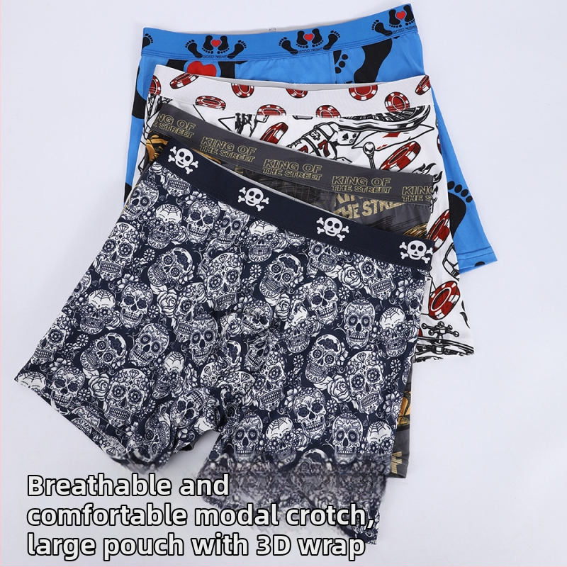 Férfi lélegző, nyomtatott boxer, középmagas derekú; fő anyag poliészter 95–100%; ágyéki bélés modal 95–100%; szövés kötött 31–40D; minták: figura, geometória, koponya, graffiti