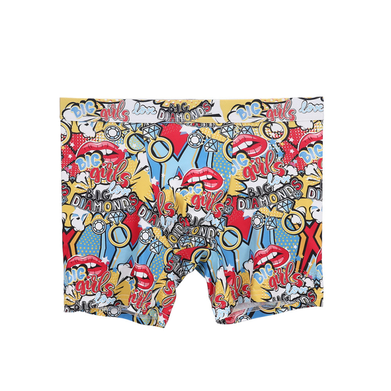 Férfi lélegző, nyomtatott boxer, középmagas derekú; fő anyag poliészter 95–100%; ágyéki bélés modal 95–100%; szövés kötött 31–40D; minták: figura, geometória, koponya, graffiti