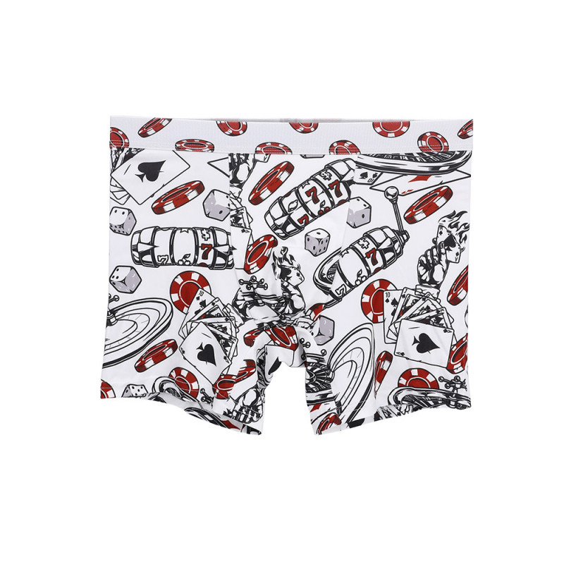 Férfi lélegző, nyomtatott boxer, középmagas derekú; fő anyag poliészter 95–100%; ágyéki bélés modal 95–100%; szövés kötött 31–40D; minták: figura, geometória, koponya, graffiti