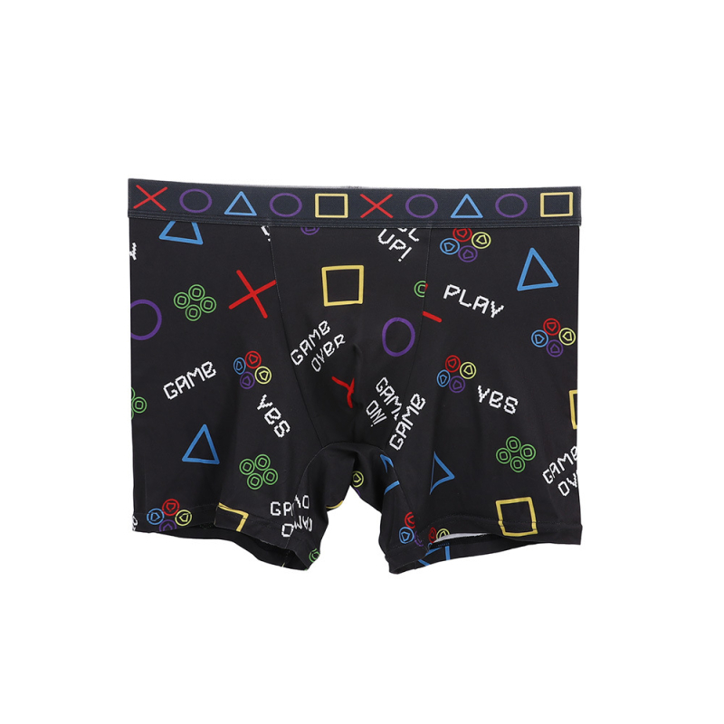 Férfi lélegző, nyomtatott boxer, középmagas derekú; fő anyag poliészter 95–100%; ágyéki bélés modal 95–100%; szövés kötött 31–40D; minták: figura, geometória, koponya, graffiti