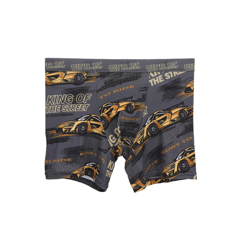 Férfi lélegző, nyomtatott boxer, középmagas derekú; fő anyag poliészter 95–100%; ágyéki bélés modal 95–100%; szövés kötött 31–40D; minták: figura, geometória, koponya, graffiti