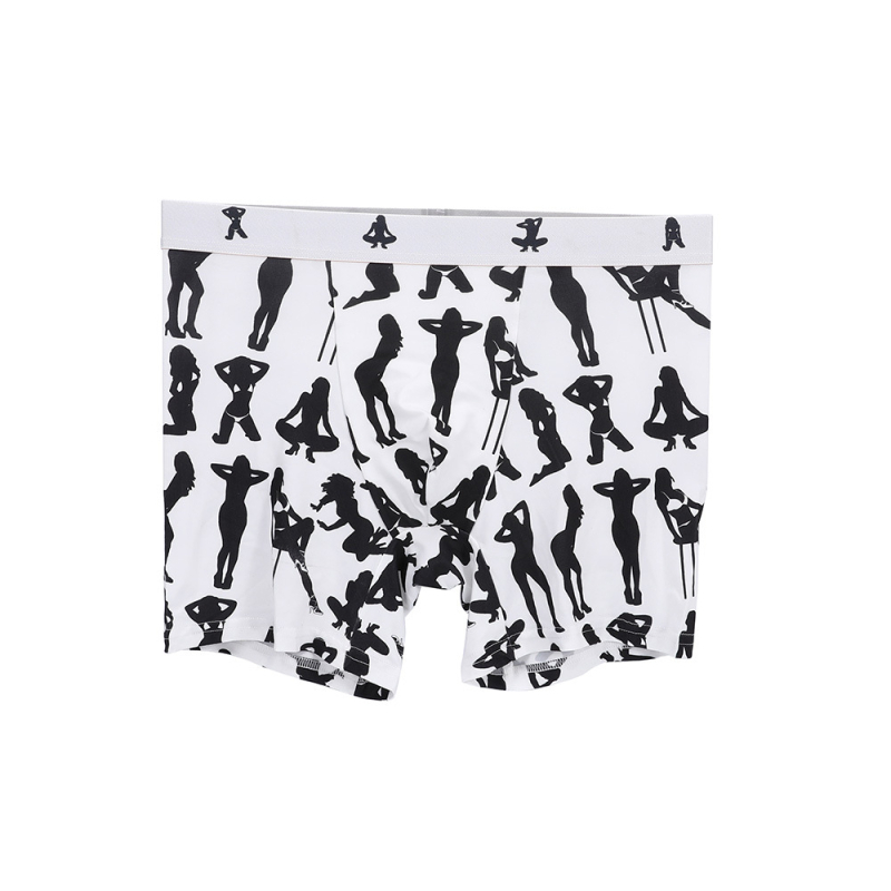 Férfi lélegző, nyomtatott boxer, középmagas derekú; fő anyag poliészter 95–100%; ágyéki bélés modal 95–100%; szövés kötött 31–40D; minták: figura, geometória, koponya, graffiti