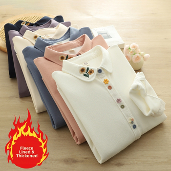 Medvilniniai marškiniai su gėlių raštu, literatūros-retro stilius, laisvas kirpimo, ilgos rankovės, lėlės tipo apykaklė, fliso įdaila