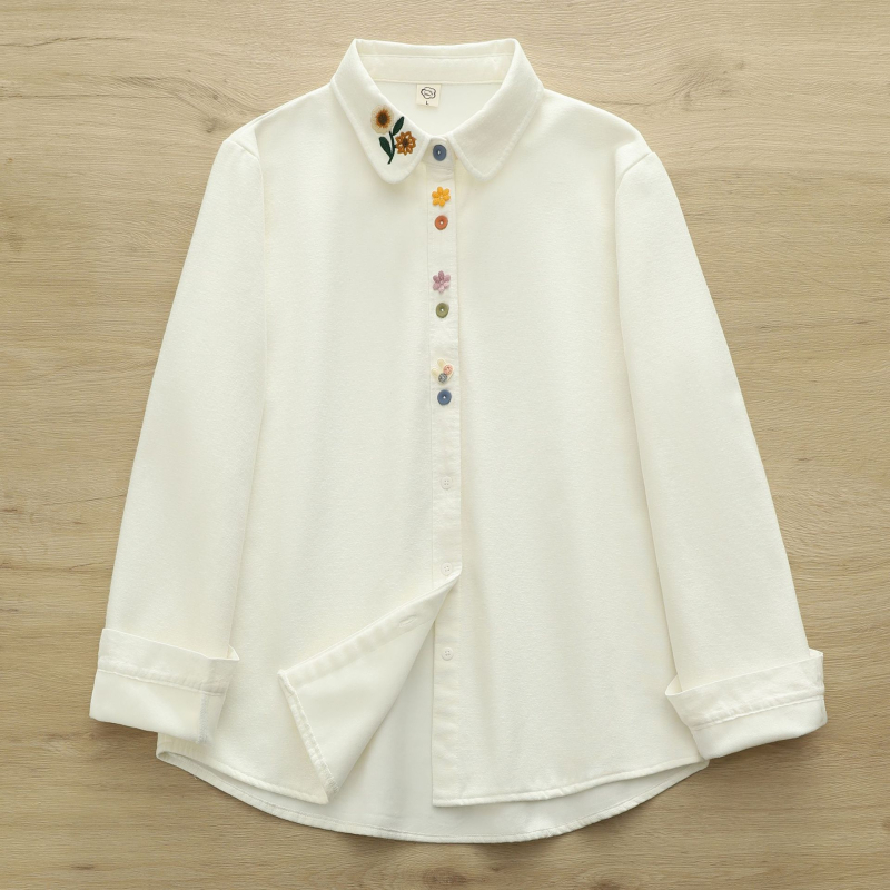 Medvilniniai marškiniai su gėlių raštu, literatūros-retro stilius, laisvas kirpimo, ilgos rankovės, lėlės tipo apykaklė, fliso įdaila