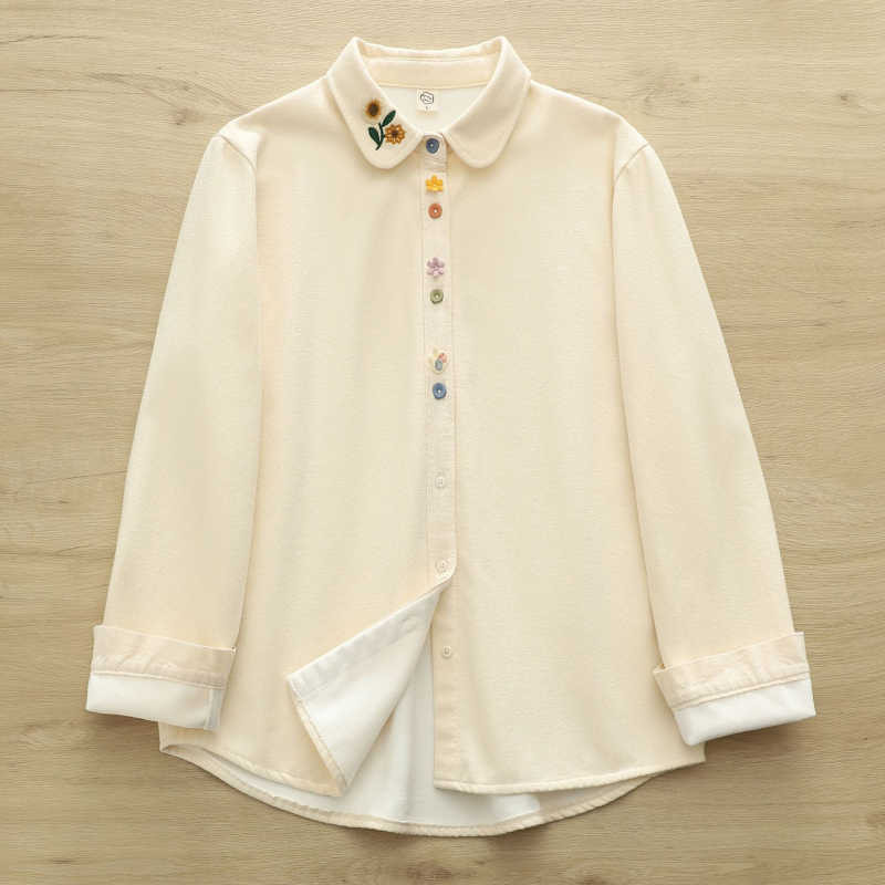 Medvilniniai marškiniai su gėlių raštu, literatūros-retro stilius, laisvas kirpimo, ilgos rankovės, lėlės tipo apykaklė, fliso įdaila