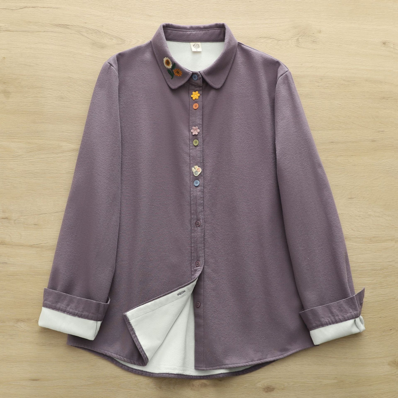 Medvilniniai marškiniai su gėlių raštu, literatūros-retro stilius, laisvas kirpimo, ilgos rankovės, lėlės tipo apykaklė, fliso įdaila