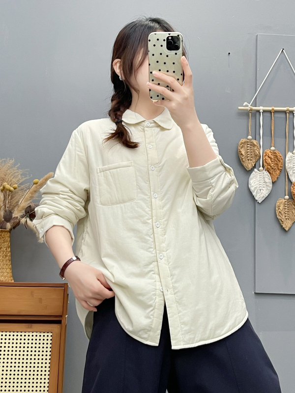 Pildyta medvilninė marškiniai, apvali kaklo iškirptė, ilgos rankovės, vidutinio ilgio