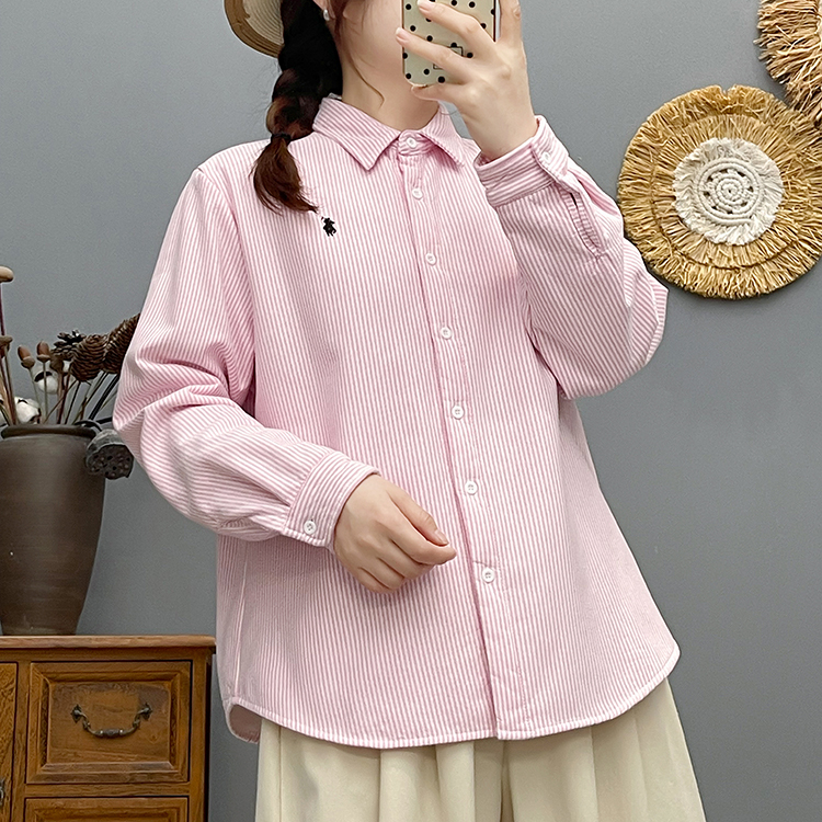 Marškiniai su dryžuotu raštu, Oxford audinys, literatūrinis retro stilius, siuvinėjimas, polo apykaklė