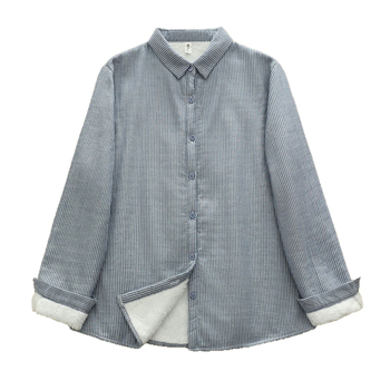 Moteriška dryžuota medvilninė palaidinė su ilgomis rankovėmis, klopa apykaklė, įprastas kirpimas, priekyje sagos (80-90% medvilnės)