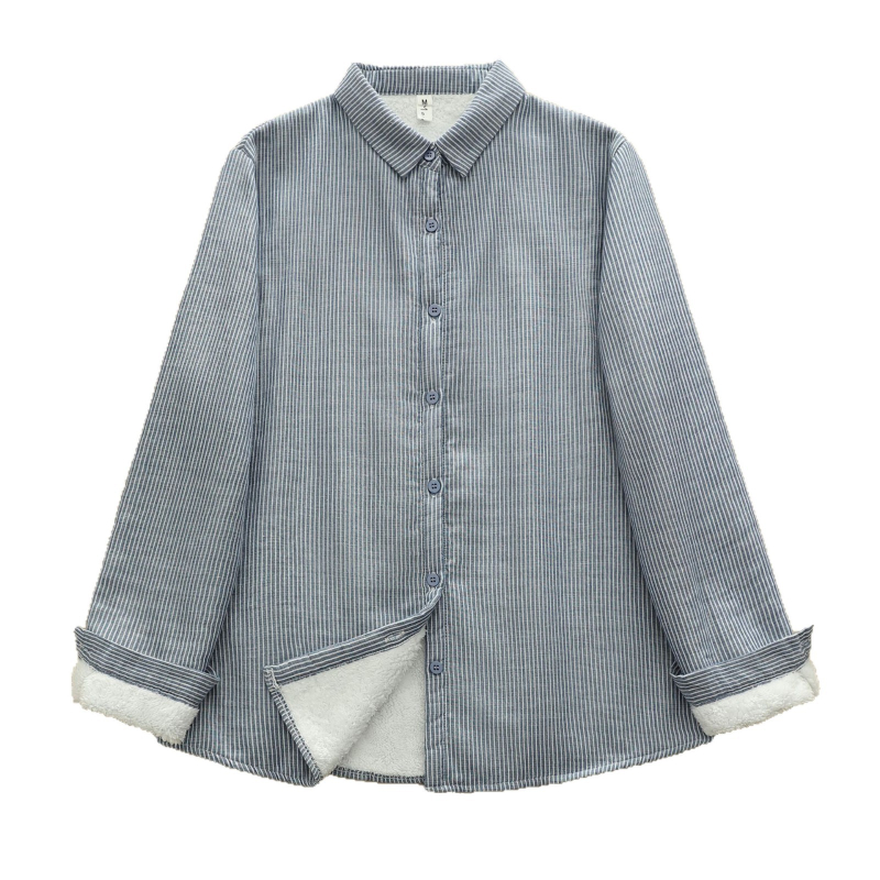 Moteriška dryžuota medvilninė palaidinė su ilgomis rankovėmis, klopa apykaklė, įprastas kirpimas, priekyje sagos (80-90% medvilnės)