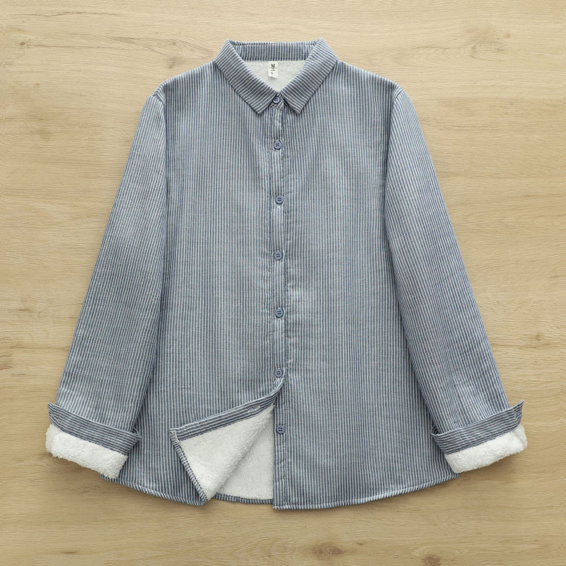 Moteriška dryžuota medvilninė palaidinė su ilgomis rankovėmis, klopa apykaklė, įprastas kirpimas, priekyje sagos (80-90% medvilnės)