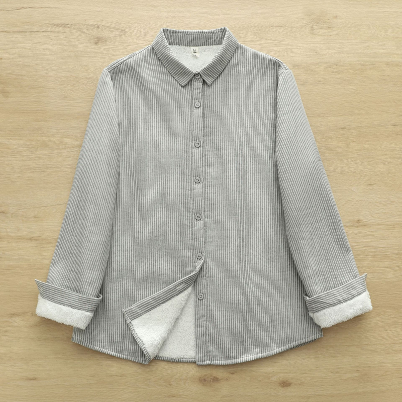 Moteriška dryžuota medvilninė palaidinė su ilgomis rankovėmis, klopa apykaklė, įprastas kirpimas, priekyje sagos (80-90% medvilnės)