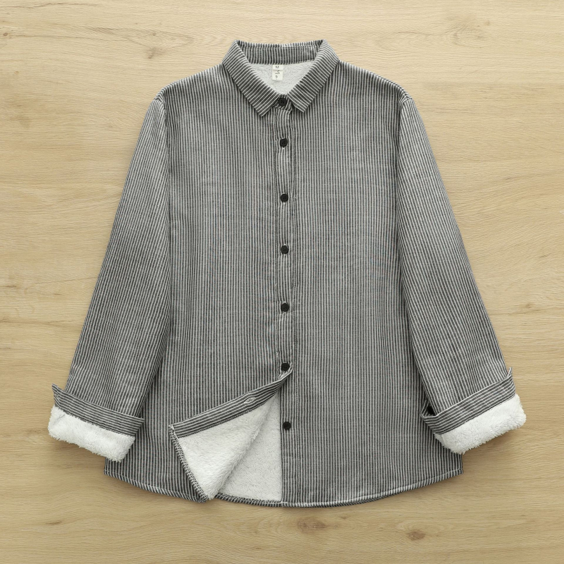 Moteriška dryžuota medvilninė palaidinė su ilgomis rankovėmis, klopa apykaklė, įprastas kirpimas, priekyje sagos (80-90% medvilnės)