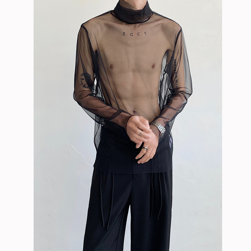 Vyrų tinklinio tipo marškinėliai su aukštu kaklu, ilgomis rankovėmis, lengvas vasaros topas