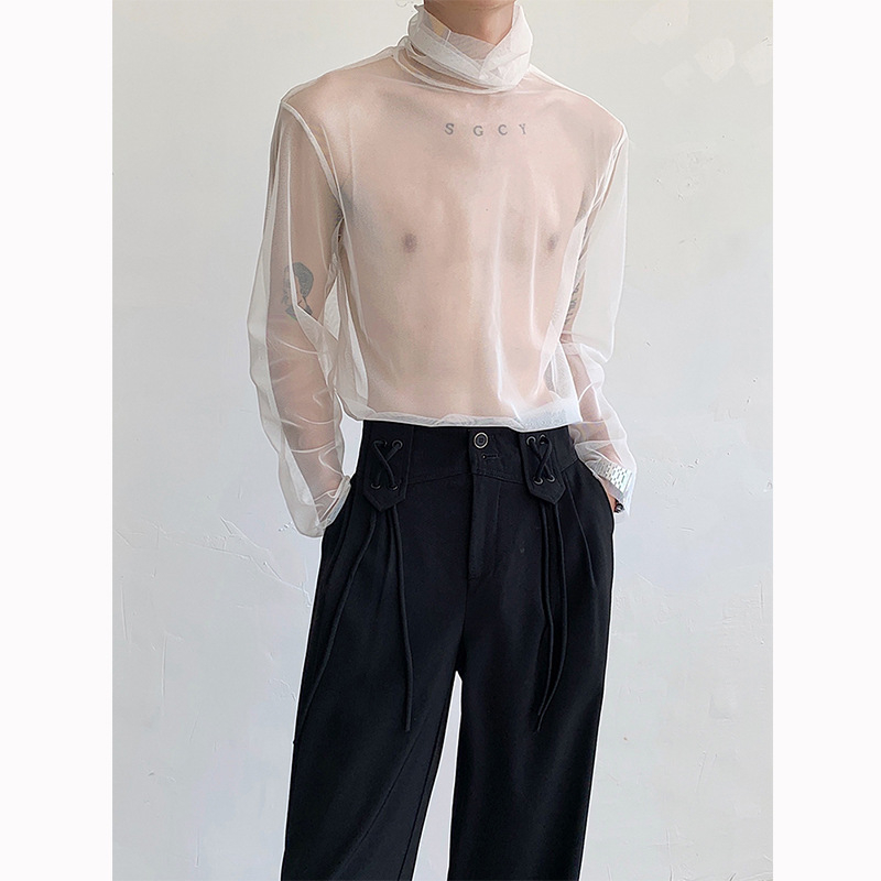 Vyrų tinklinio tipo marškinėliai su aukštu kaklu, ilgomis rankovėmis, lengvas vasaros topas